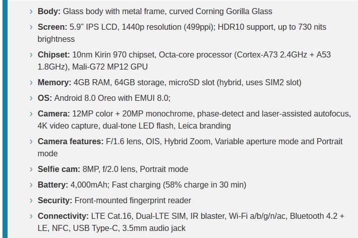 مشخصات Mate10 در یک نگاه: 