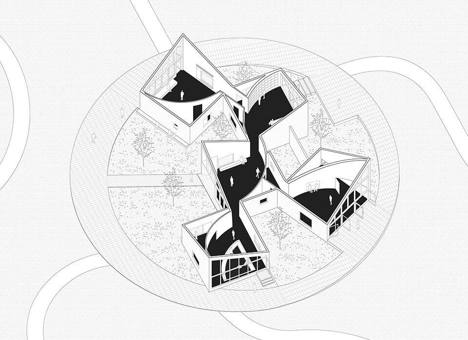 کتابخانه روستایی آتلیه Xi مجموعه ای از بلوک های زاویه دار در یک زمین پوشیده از گل است